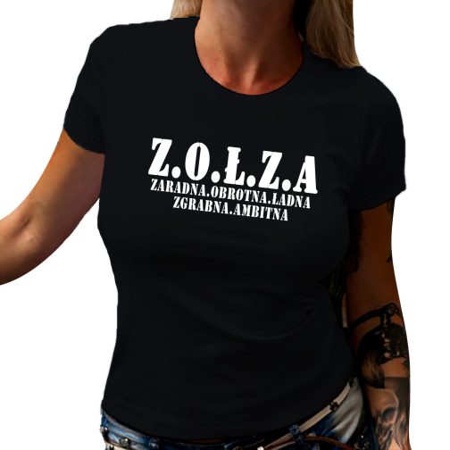 ZOŁZA koszulka czarna damska T-shirt z modnym z nadrukiem z.o.ł.z.a