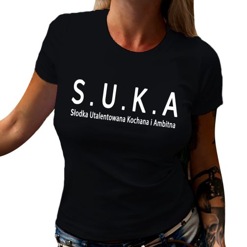 S.U.K.A koszulka damska czarna T-shirt z modnym z nadrukiem SUKA