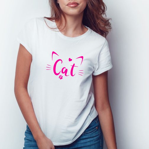 Koszulka z kotem damska z krótkim rękawem Kot biała