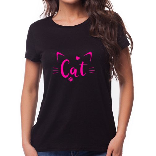 Koszulka z kotem damska z krótkim rękawem Kot czarna