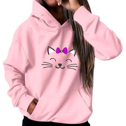 bluza damska z kotem dla dzieci kapturem różowa