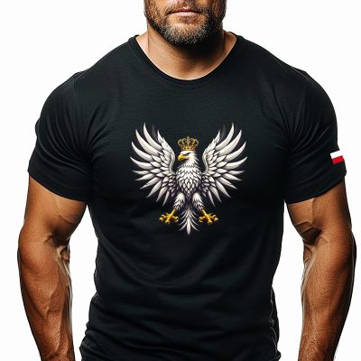 Męska koszulka z Orłem Polski oraz flagą na ramieniu