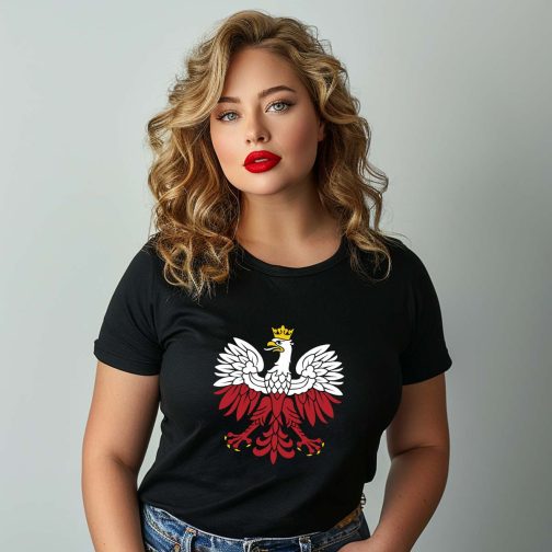 Koszulka kibica damska z Orłem Polski i flagą PL t-shirt czarna z orłem biało czerwonym