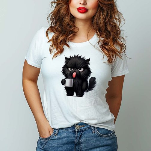 Koszulka damska z kotem t-shirt z kotem kot z kawą kotkiem biała