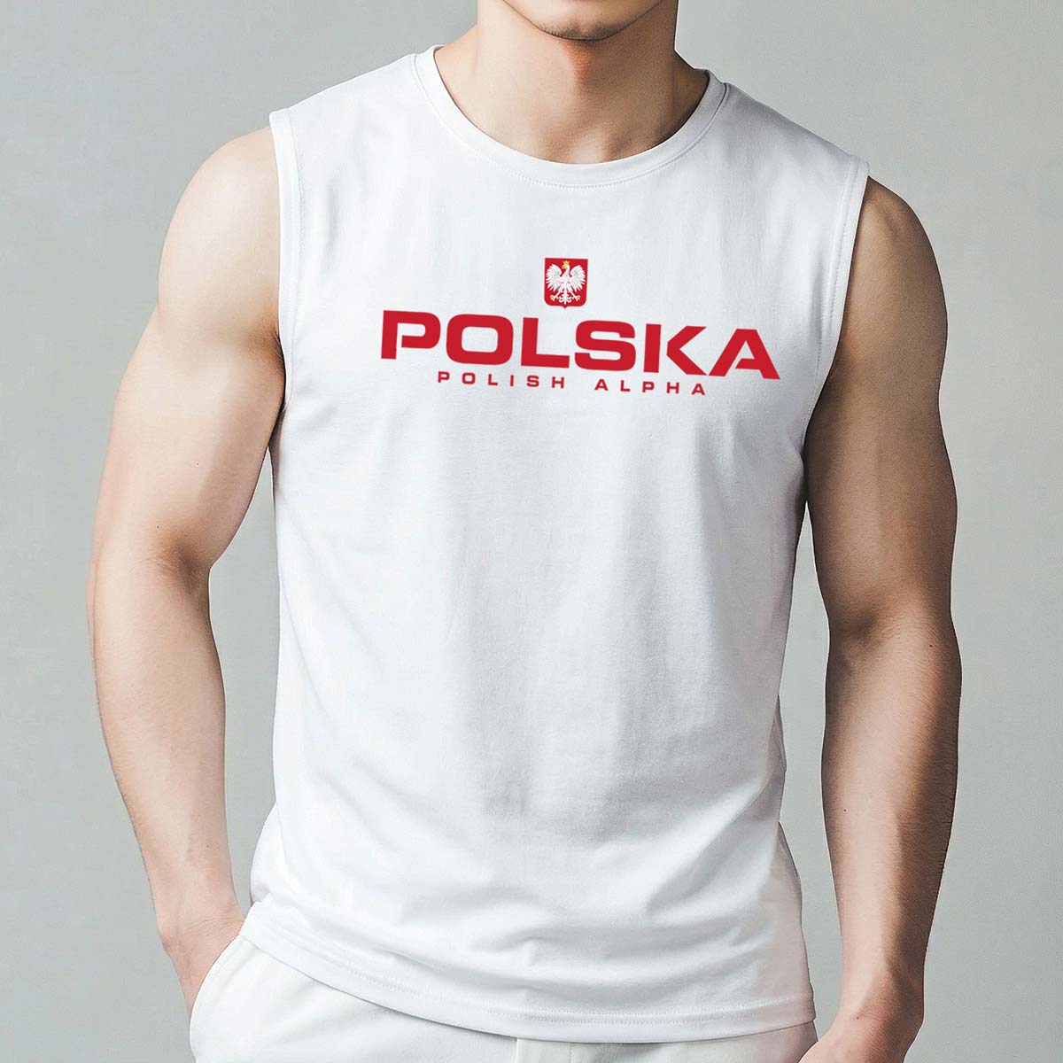Koszulka bez rękawów męska POLSKA - Polish Alpha - biała 5 koszulka bez rękawów męska biała z orzelkiem, koszulka bez rękawów polish alpha, koszulka patriotyczna męska, koszulka z napisem polska, koszulka tank top polish alpha