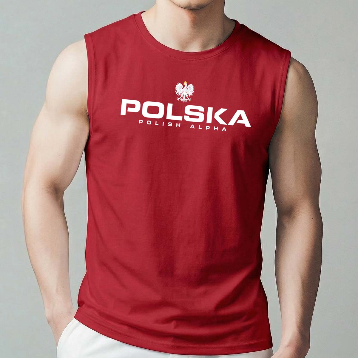 Koszulka bez rękawów męska POLSKA - Polish Alpha - czerwona 4 koszulka bez rękawów męska czerwona z orzelkiem, koszulka bez rękawów polish alpha, koszulka patriotyczna męska, koszulka z napisem polska, koszulka tank top polish alpha