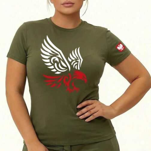 Koszulka z orłem damska – Polish Alpha - zielona khaki 1 koszulka patriotyczna damska, koszulka z orłem damska, koszulka wojskowa damska, odzież patriotyczna dla kobiet, koszulka polish alpha damska zielona oliwkowa khaki