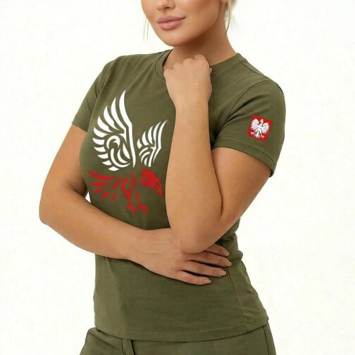 koszulka patriotyczna damska, koszulka z orłem damska, koszulka wojskowa damska, odzież patriotyczna dla kobiet, koszulka polish alpha damska zielona oliwkowa khaki