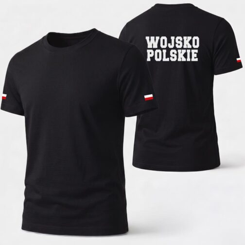 Męska koszulka Wojsko Polskie z flagami Polski - Czarna 1 koszulka wojsko polskie z napisem na plecach i flagami na ramionach